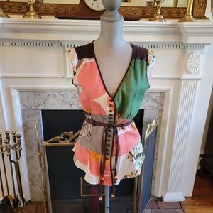 Rare Y2K Nordic Linen Multicolor V-Neck Tie-Waist Top Artsy Folk Patchwork